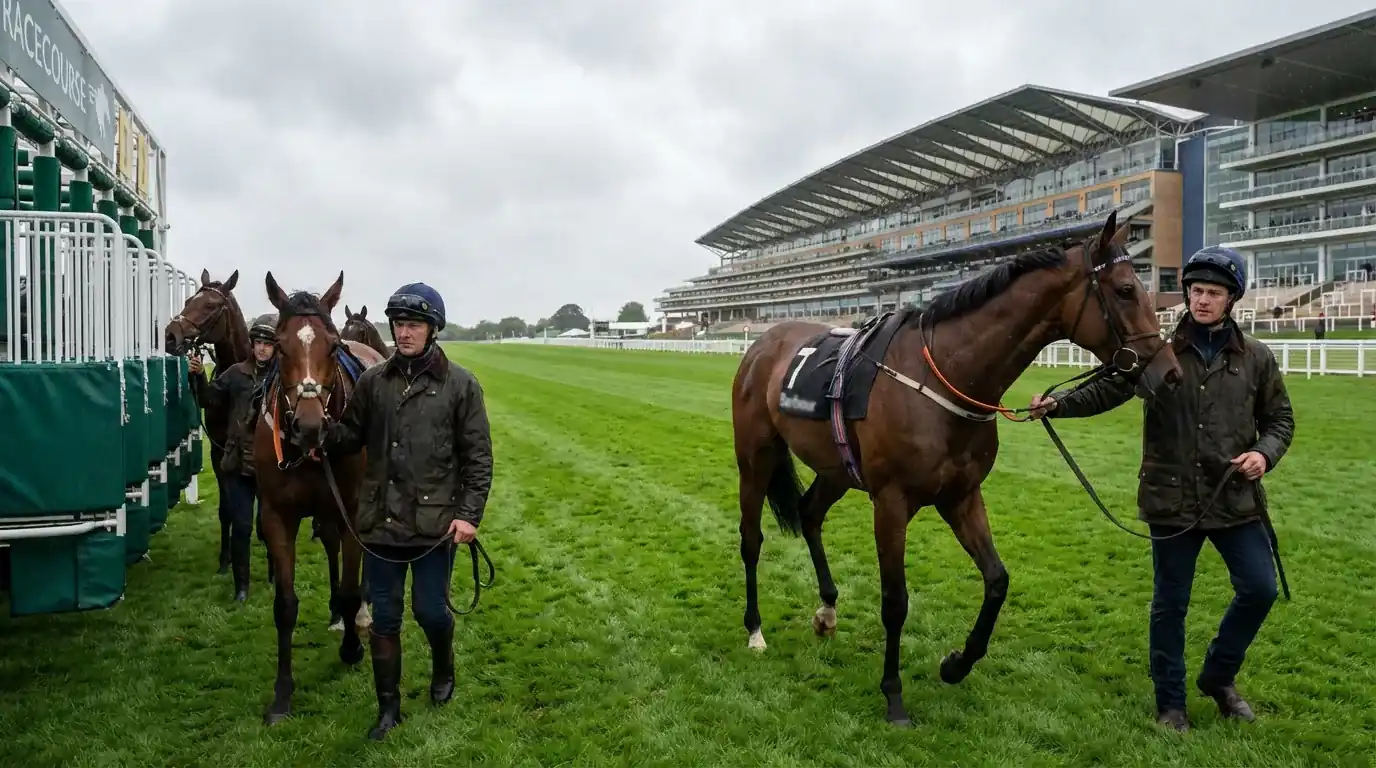 Small field of four horses approaching the starting stalls at a UK racecourse