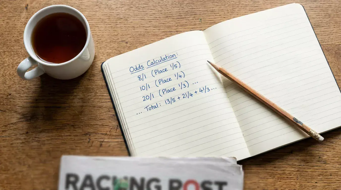 Notebook open on a wooden table showing handwritten place bet payout calculations at different fractional odds with a pencil resting on top