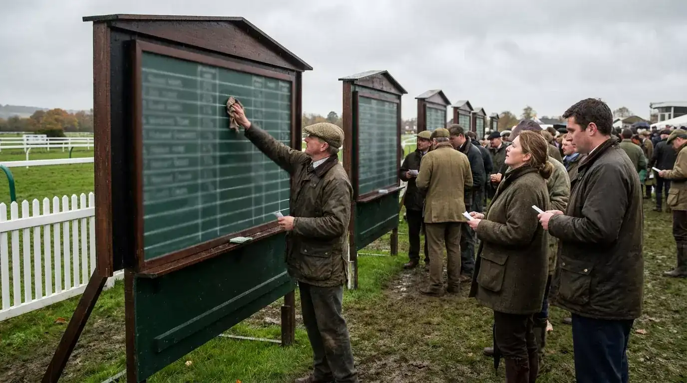 Close-up view of a British racecourse betting ring with bookmaker boards displaying fractional odds on a race day